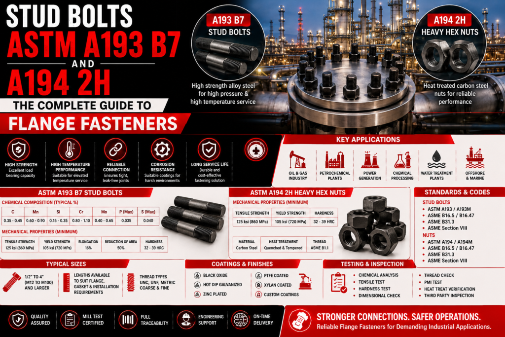 Stud Bolts ASTM A193 B7 and A194 2H: The Complete Guide to Flange Fasteners