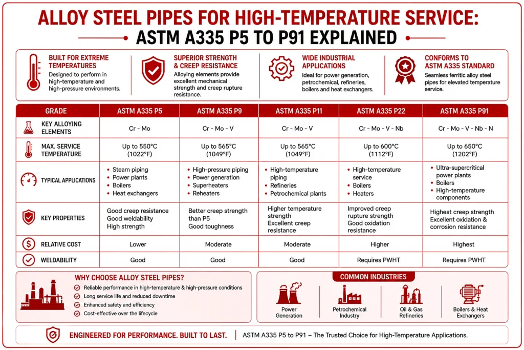 Alloy Steel Pipes for High-Temperature Service: ASTM A335 P5 to P91 Explained